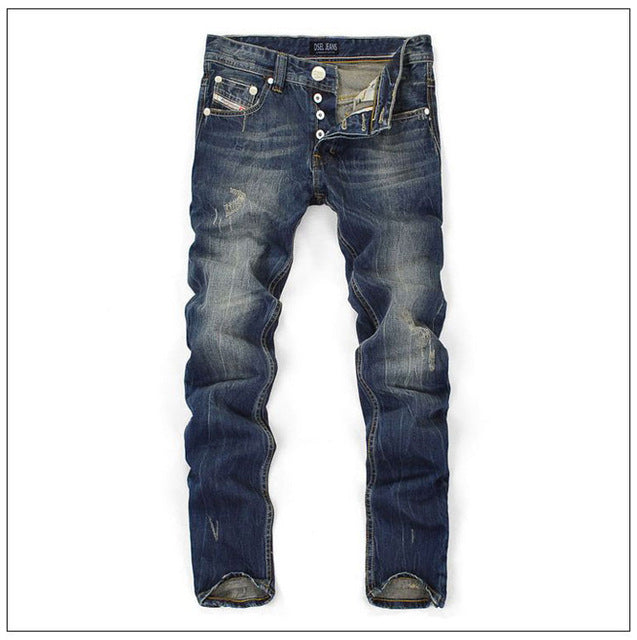 Famous Brand Fashion Designer Jeans Men Straight Dark Blue Color Printed Mens Jeans Ripped Jeans,100% Cotton - Zodfashion