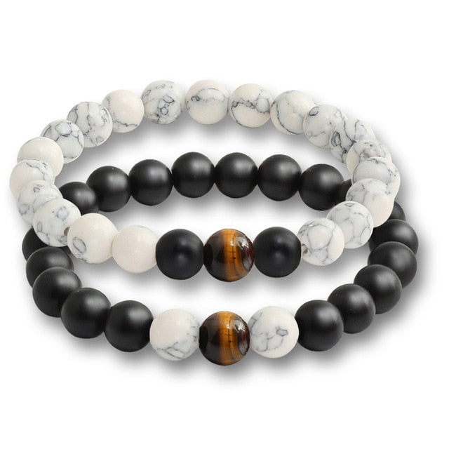 2 Pcs/set Fashion Couple Tiger Eye Stone Bracelets Bangles Classic Black White Natural Lava Stones Charm Bead Bracelet Women Men - Zodfashion