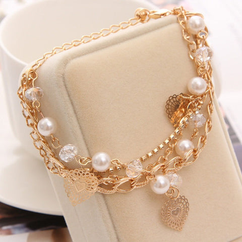 2018 Gold Color Multilayer Beaded Pendant Bracelets and Bangles Fashion Women Heart Butterfly Charm Bracelet Jewelry Accessories - Zodfashion