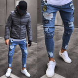 Men Stylish Ripped Jean Pants Biker Skinny Slim Straight Frayed Denim Trousers New Fashion Men Clothes - Zodfashion