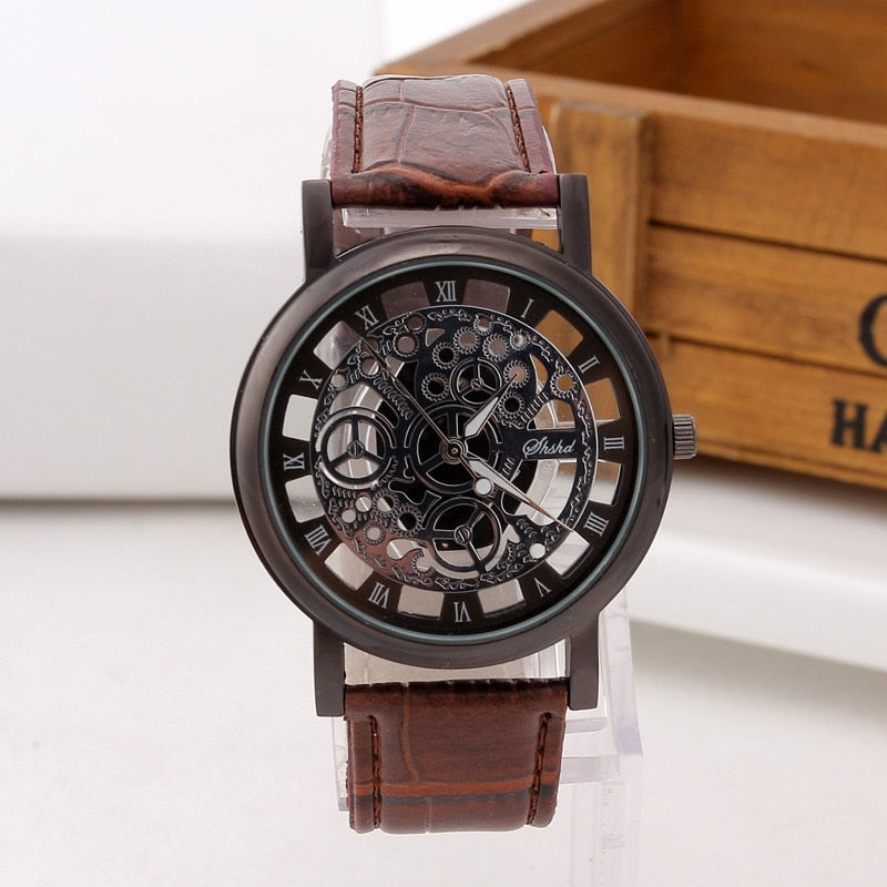 Fashion Skeleton Watch Men Engraving Hollow Reloj Hombre Dress Quartz Wristwatch Leather Band Women Clock Relojes Mujer - Zodfashion